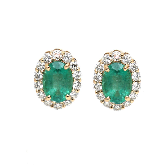 Emerald Noble Halo 18K Natural Diamond Yellow Gold Stud Earrings