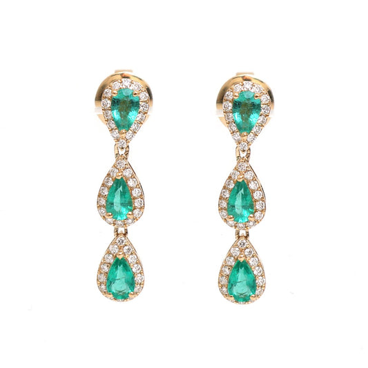 Emerald Diamond Halo 18K Yellow Gold Drop Earrings