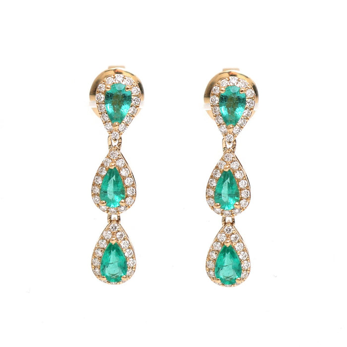 Emerald Diamond Halo 18K Yellow Gold Drop Earrings