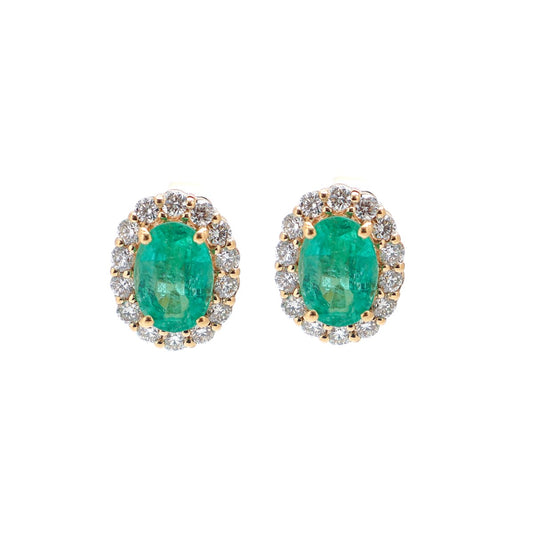 Emerald Enchant Halo 18K Natural Diamond Yellow Gold Stud Earrings