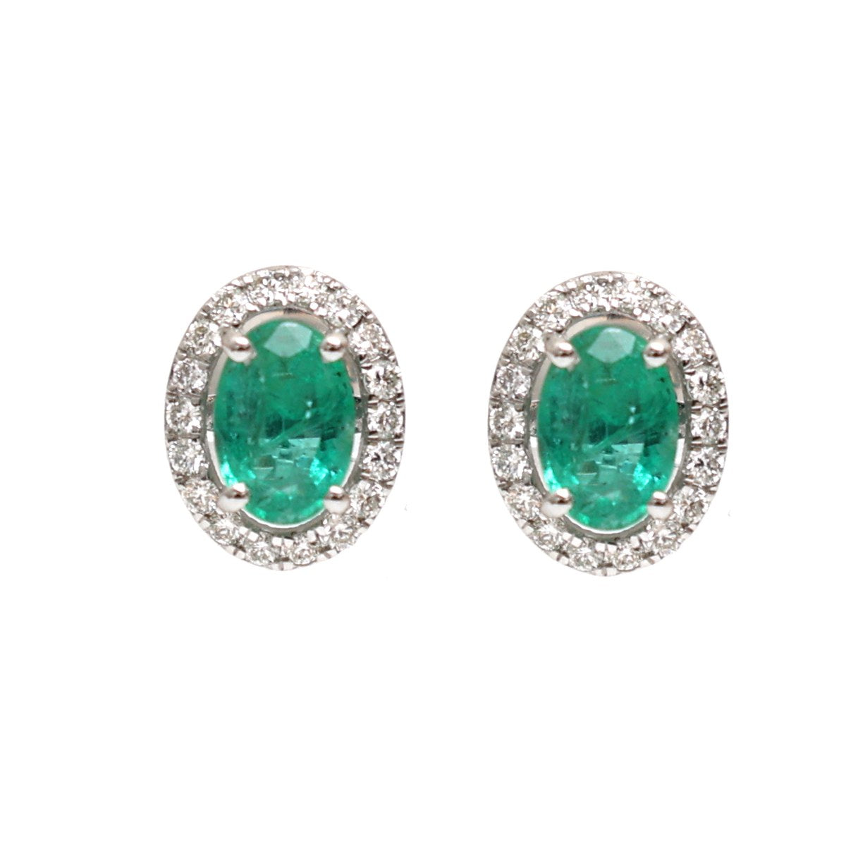 Oval 18K Emerald & Natural Diamond White Gold Halo Stud Earrings