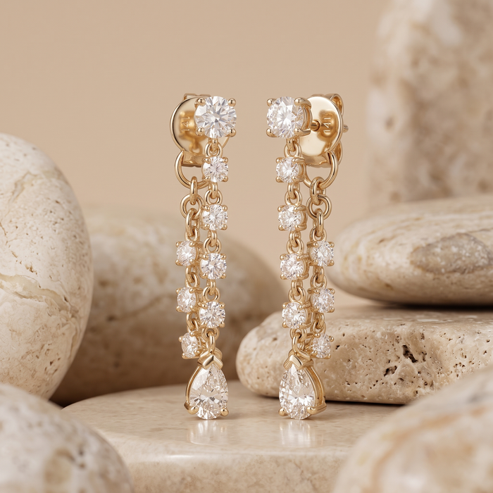 Teardrop Diamond Chain Drop Earrings in 14K Yellow Gold