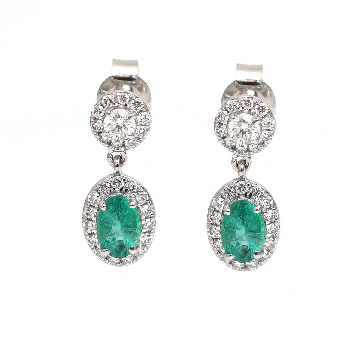 Oval Emerald Halo 18K Natural Diamond White Gold Drop Earrings