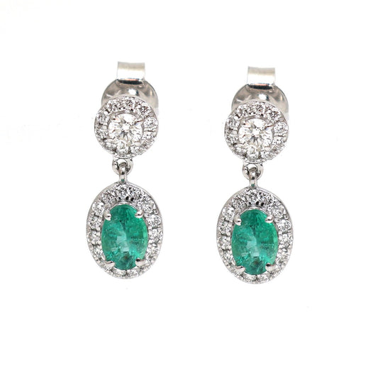 Oval Emerald Halo 18K Natural Diamond White Gold Drop Earrings