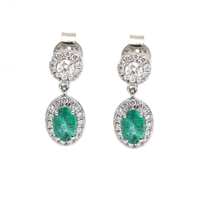 Emerald Oval Halo 18K Natural Diamond White Gold Drop Earrings