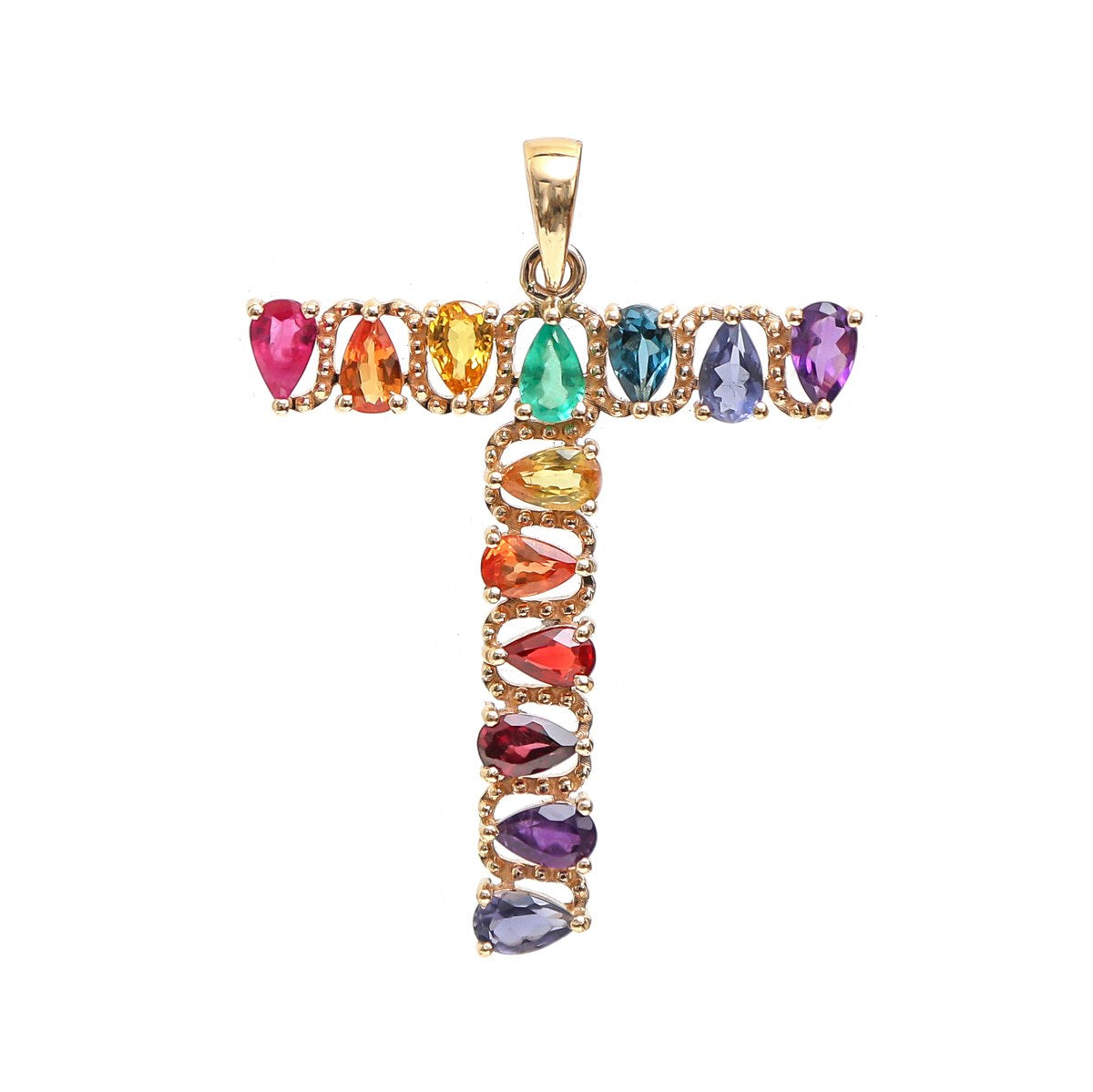 Rainbow Gemstone Initial T 14K (18K Custom) Pendant Necklace