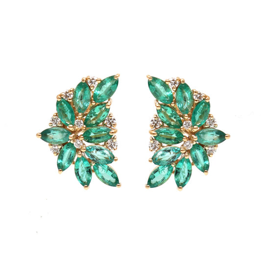Emerald Bouquet Cluster 18K Natural Diamond Yellow Gold Stud Earrings