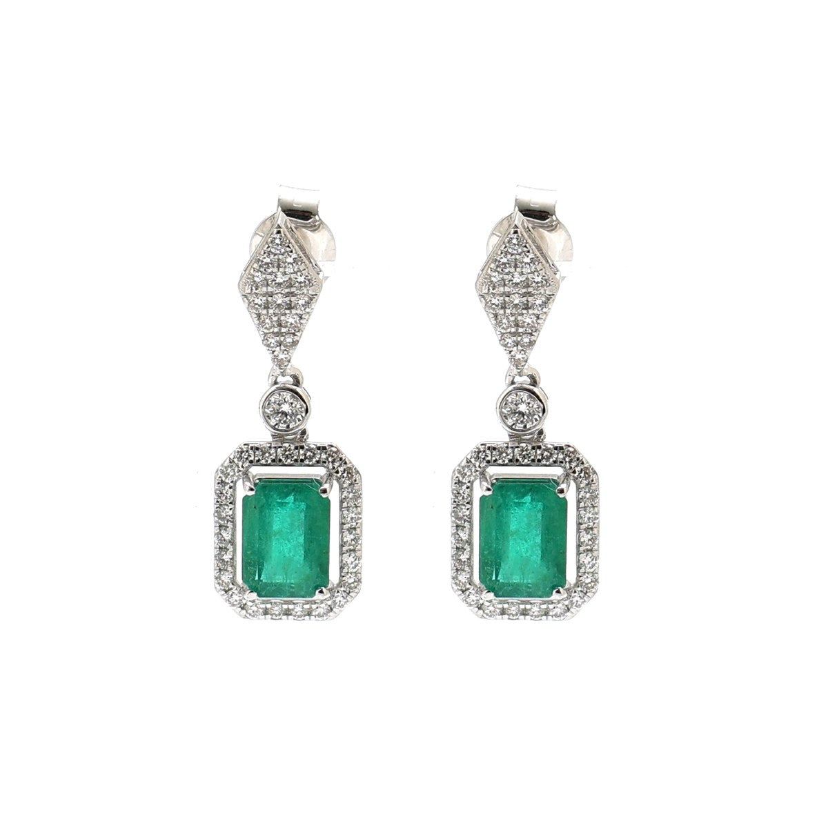Emerald Diamond Halo 18K White Gold Drop Earrings