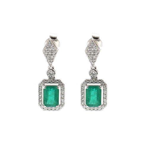 Emerald Diamond Halo 18K White Gold Drop Earrings
