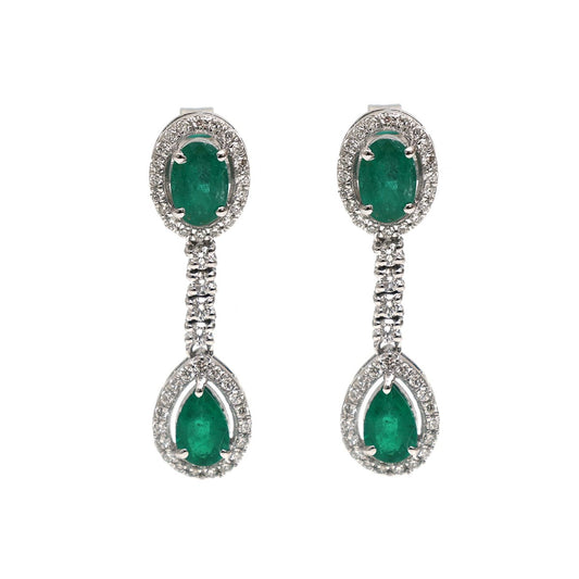 Emerald 18K Natural Diamond White Gold Drop Earrings