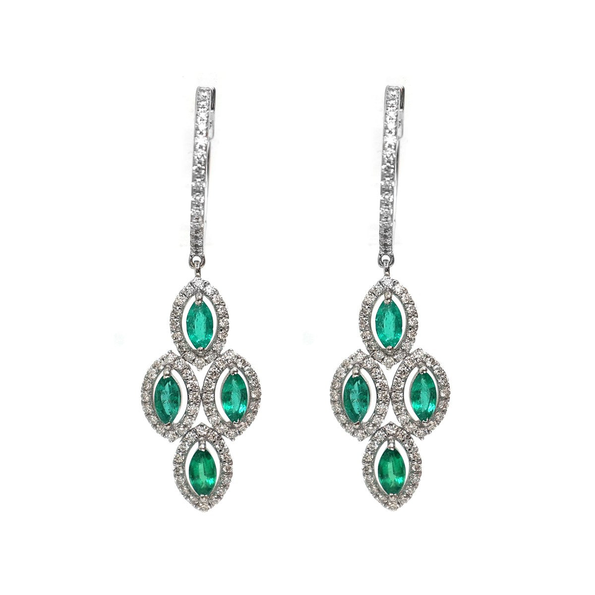 Emerald 18K Natural Diamond White Gold Chandelier Drop Earrings
