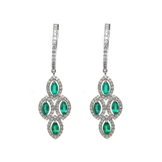Emerald 18K Natural Diamond White Gold Chandelier Drop Earrings