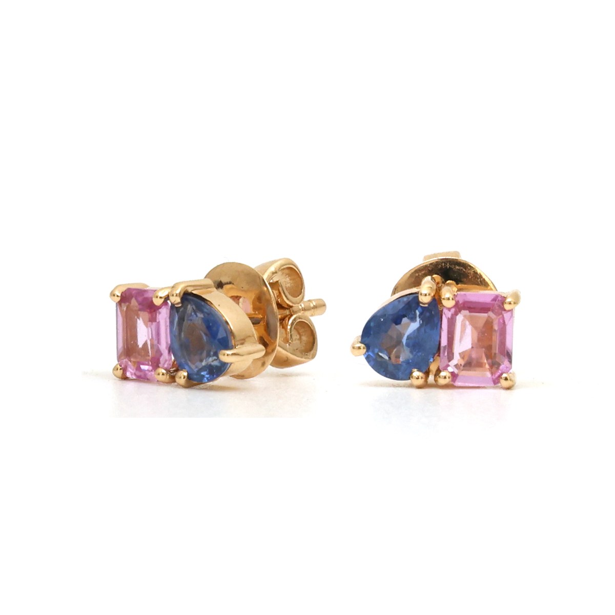 Blue Sapphire Pink Sapphire 18K Yellow Gold Two-Stone Stud Earrings