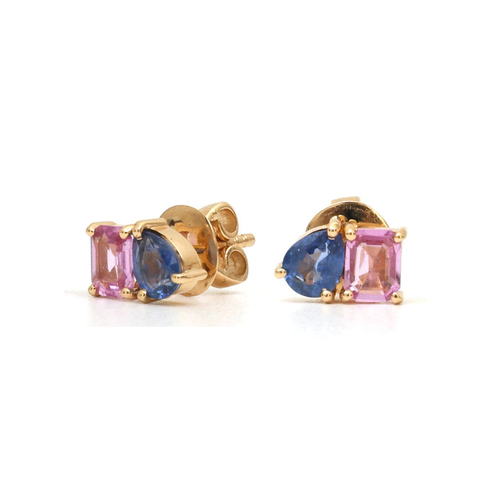 Blue Sapphire Pink Sapphire 18K Yellow Gold Two-Stone Stud Earrings
