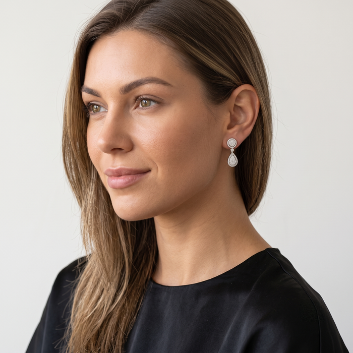 Cluster Diamond Teardrop Dangle Earrings in 14K White Gold
