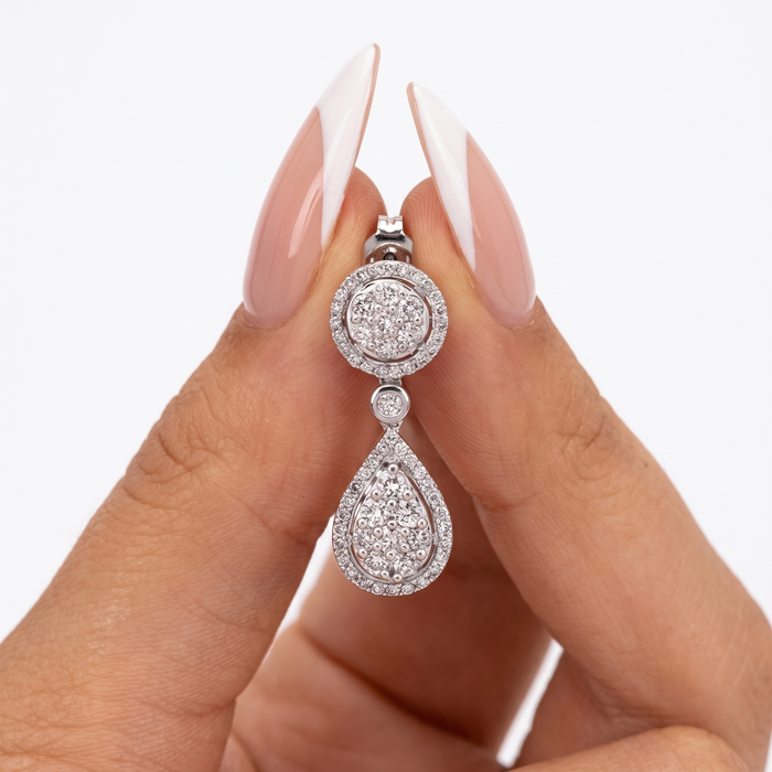 Cluster Diamond Teardrop Dangle Earrings in 14K White Gold