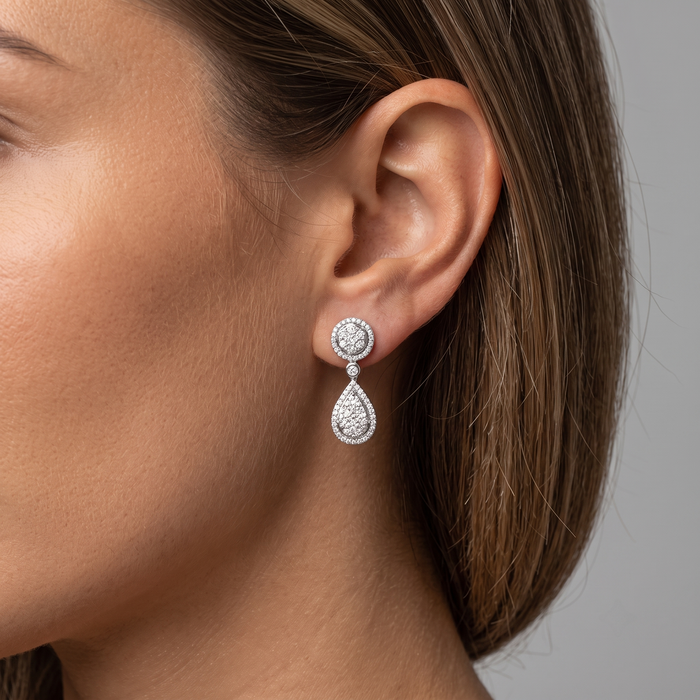 Cluster Diamond Teardrop Dangle Earrings in 14K White Gold