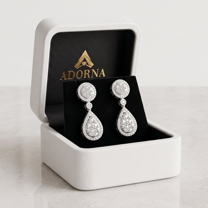 Cluster Diamond Teardrop Dangle Earrings in 14K White Gold