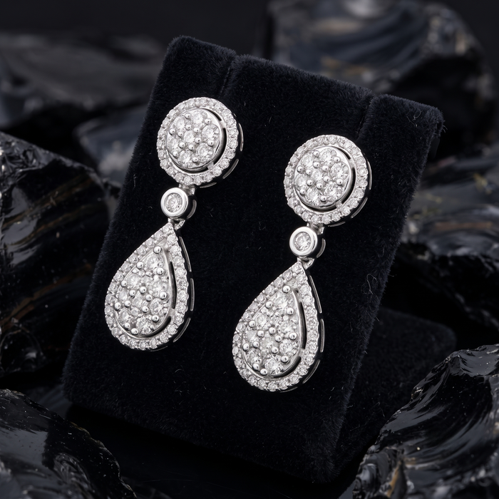 Cluster Diamond Teardrop Dangle Earrings in 14K White Gold
