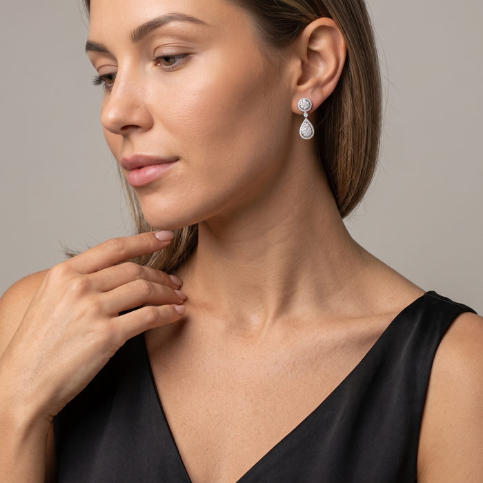 Cluster Diamond Teardrop Dangle Earrings in 14K White Gold