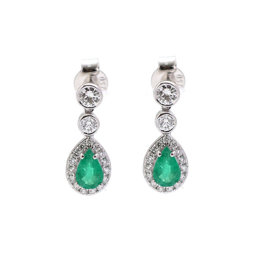 Emerald Luxe Halo 18K Natural Diamond White Gold Drop Earrings