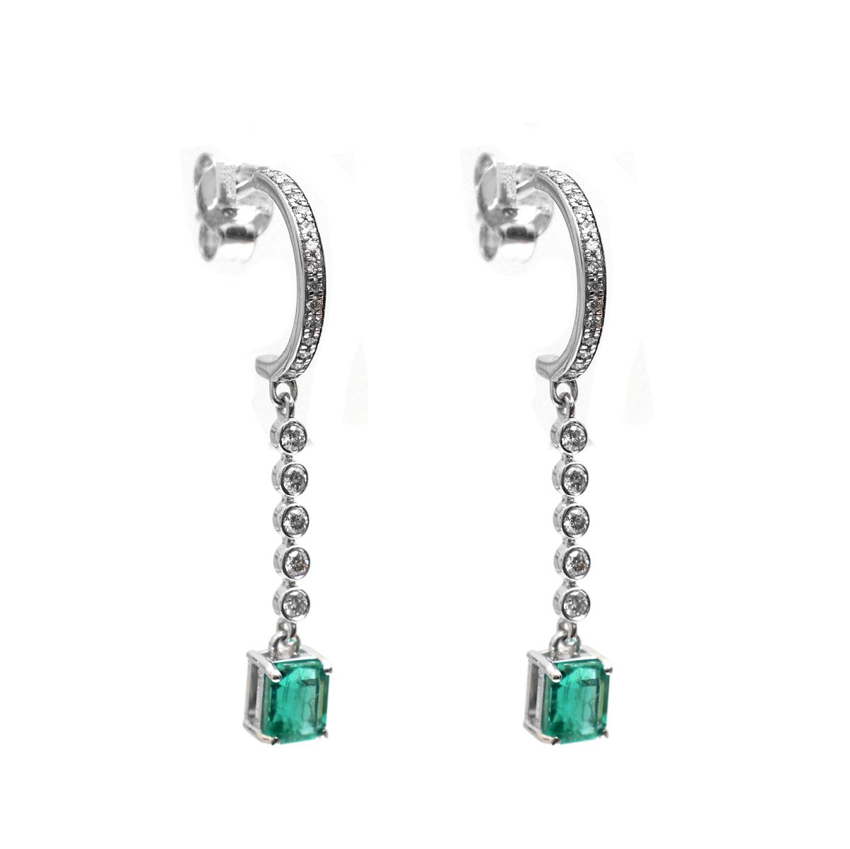 Emerald 18K Natural Diamond White Gold Chain Drop Earrings