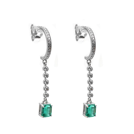 Emerald 18K Natural Diamond White Gold Chain Drop Earrings