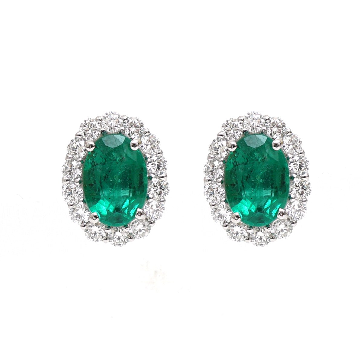 Emerald Halo 18K Natural Diamond White Gold Stud Earrings