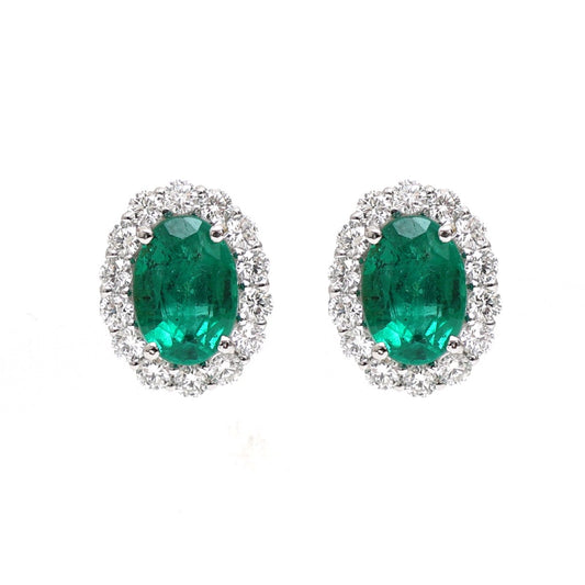 Emerald Halo 18K Natural Diamond White Gold Stud Earrings