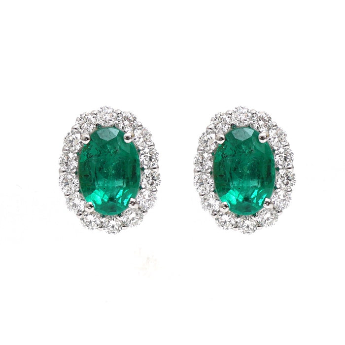Emerald Halo 18K Natural Diamond White Gold Stud Earrings