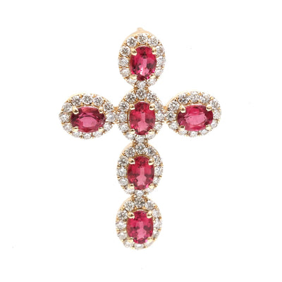 Rubellite Cross 14K (18K Custom) Natural Diamond Pendant Necklace