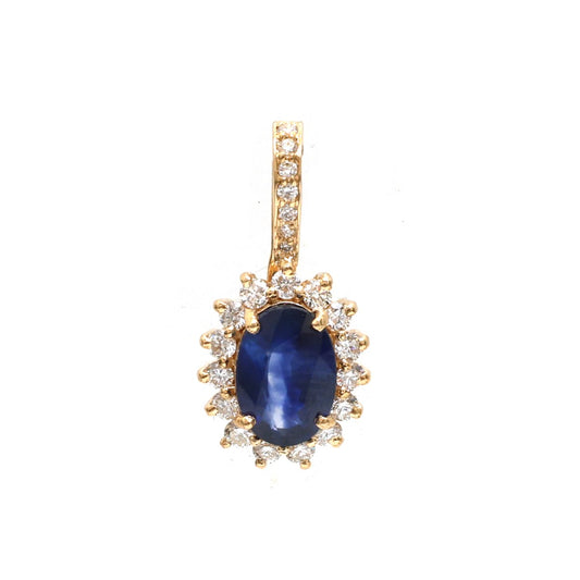 Classic  Blue Sapphire Diamond 18K Yellow Gold Pendant Necklace