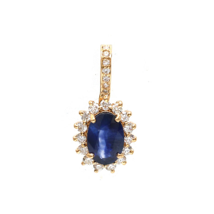 Classic  Blue Sapphire Diamond 18K Yellow Gold Pendant Necklace