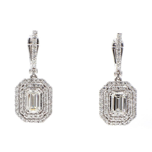 Opalize Halo Drop Round Diamond Earrings in 14K White Gold