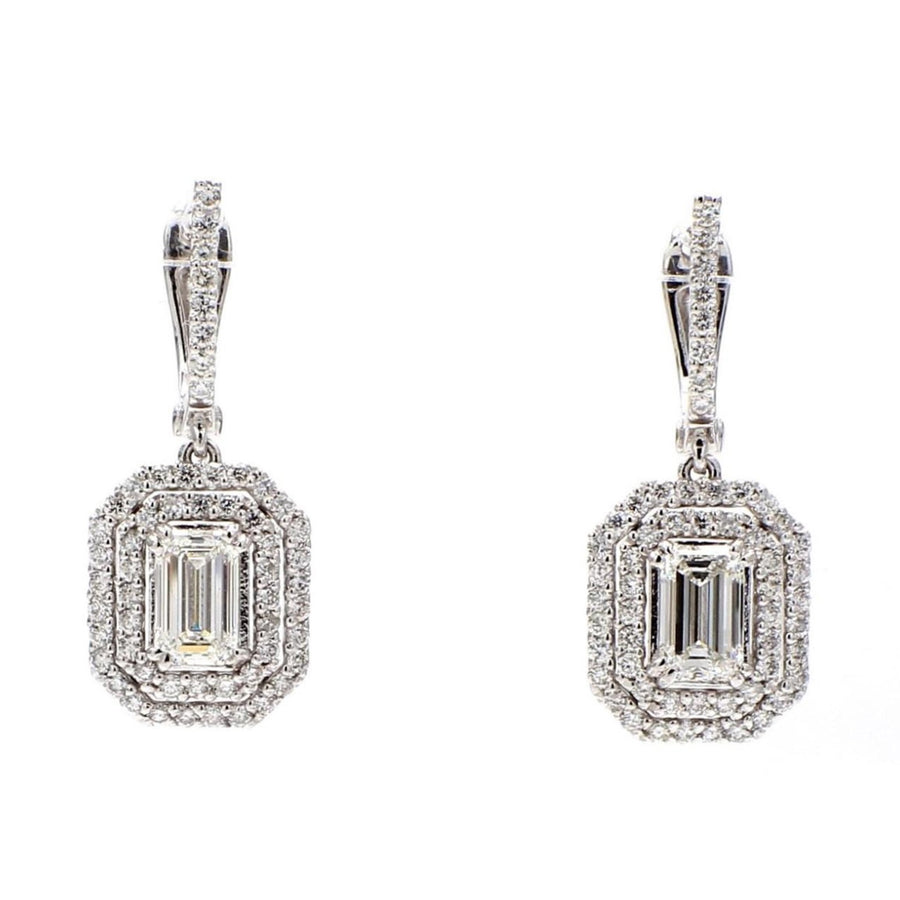 Opalize Halo Drop Round Diamond Earrings in 14K White Gold