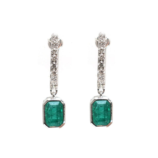 Emerald Elegance 18K Natural Diamond White Gold Drop Earrings