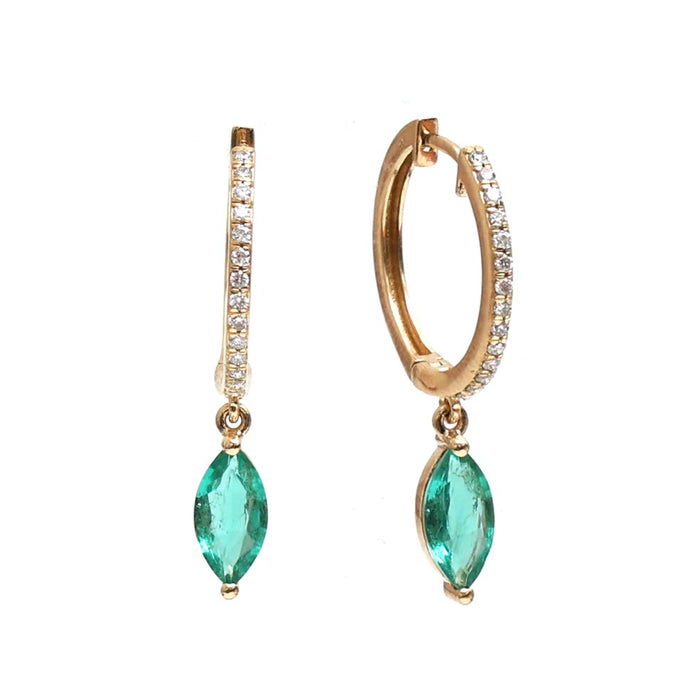 Marquise Emerald 18K Natural Diamond Yellow Gold Drop Hoop Earrings
