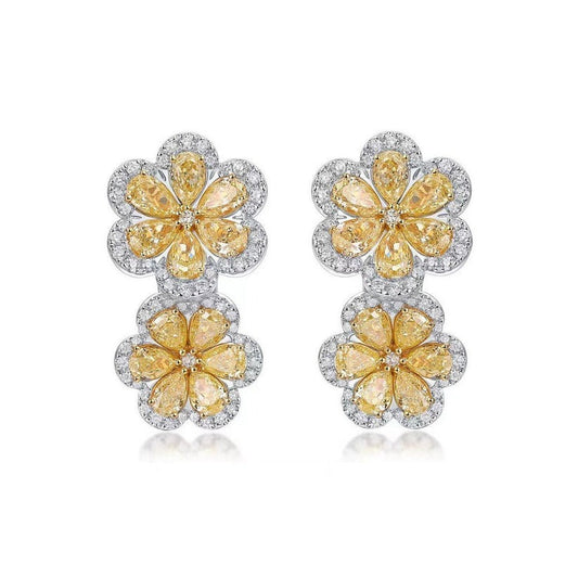 Double Bloom Flower Drop Earrings in 18K White Gold