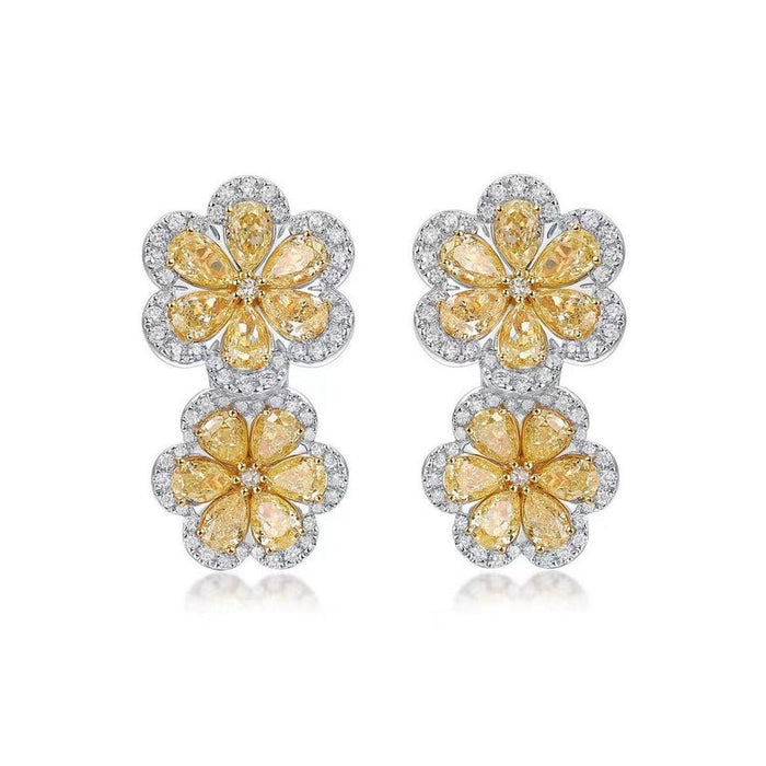 Double Bloom Flower Drop Earrings in 18K White Gold