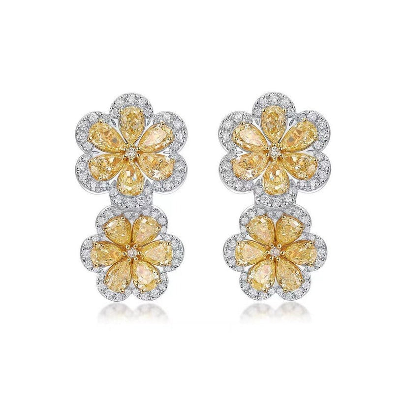 Double Bloom Flower Drop Earrings in 18K White Gold