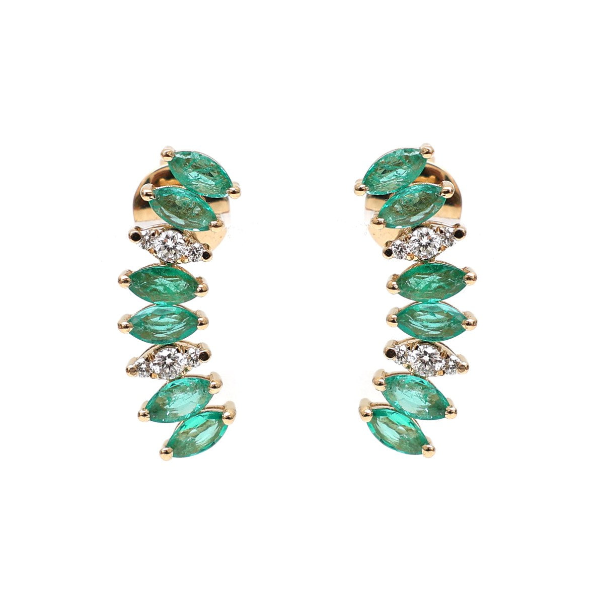 Emerald Marquise Cluster 18K Natural Diamond Yellow Gold Ear Climber Earrings