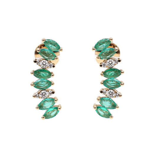 Emerald Marquise 18K Natural Diamond Yellow Gold Ear Climber Earrings