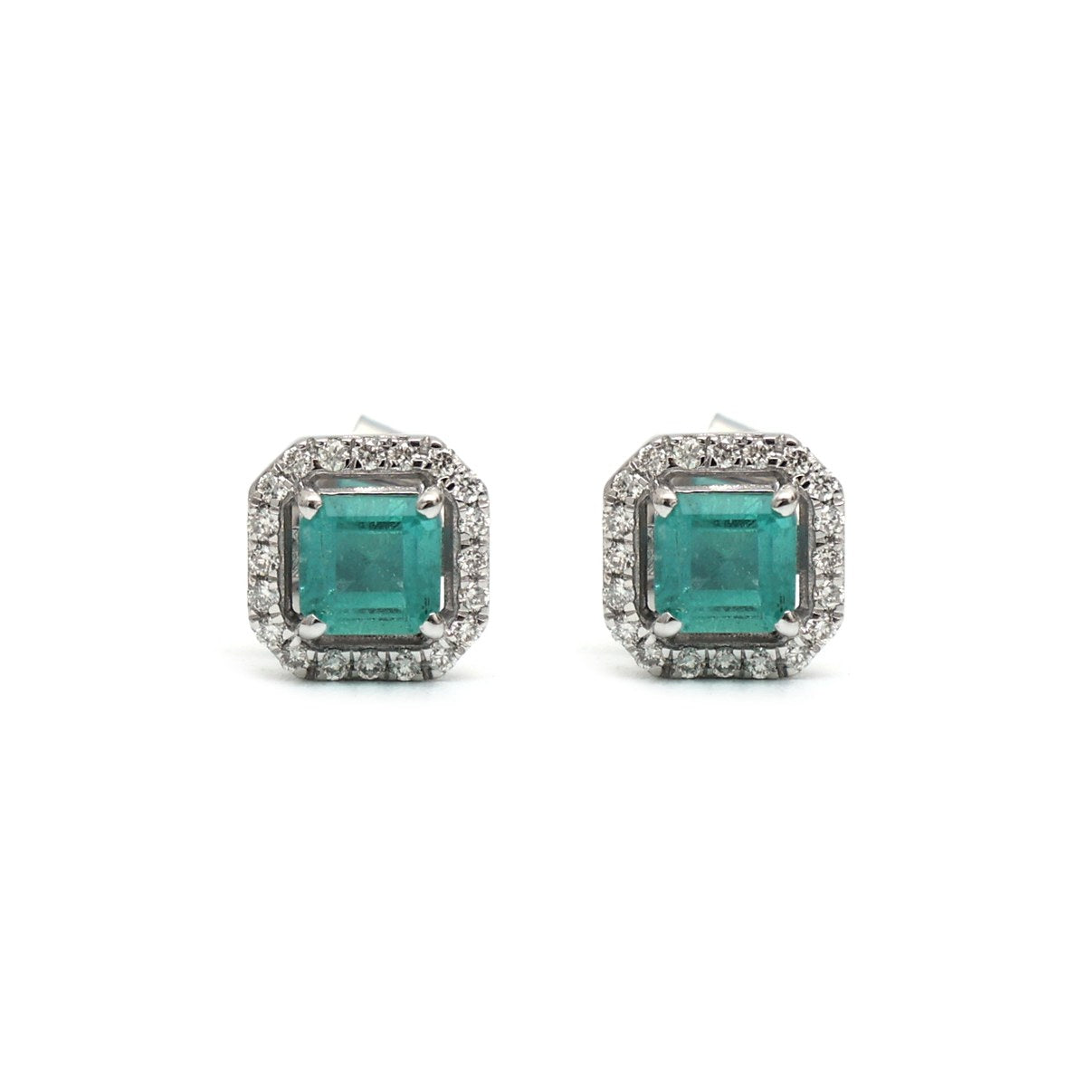 Emerald Cut Emerald Halo 14K (18K Custom) Natural Diamond White Gold Stud Earrings