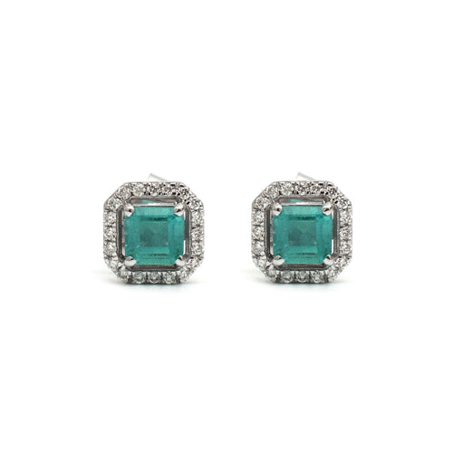 Emerald Cut Emerald Halo 14K (18K Custom) Natural Diamond White Gold Stud Earrings
