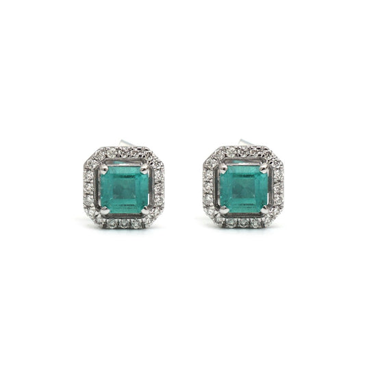 Emerald Cut Emerald Halo 14K (18K Custom) Natural Diamond White Gold Stud Earrings