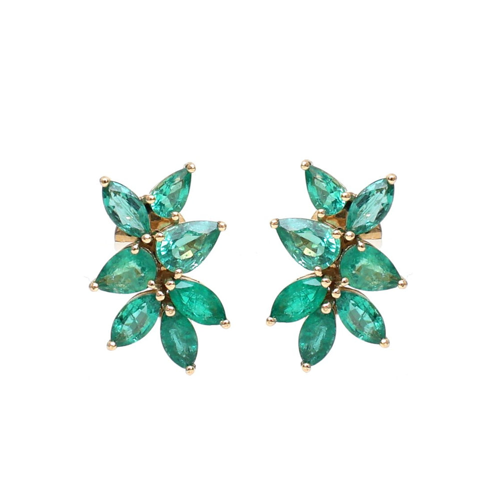 Emerald Floral Stud Earrings in 18K Yellow Gold