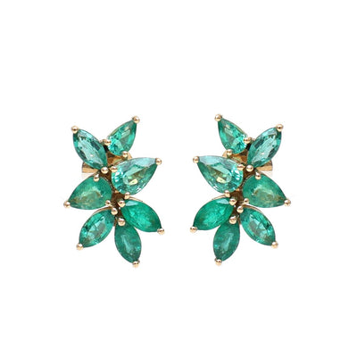Emerald Floral Stud Earrings in 18K Yellow Gold
