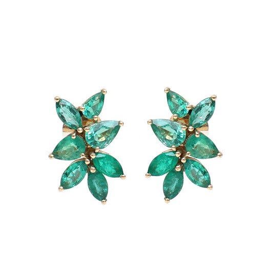 Emerald Floral Stud Earrings in 18K Yellow Gold