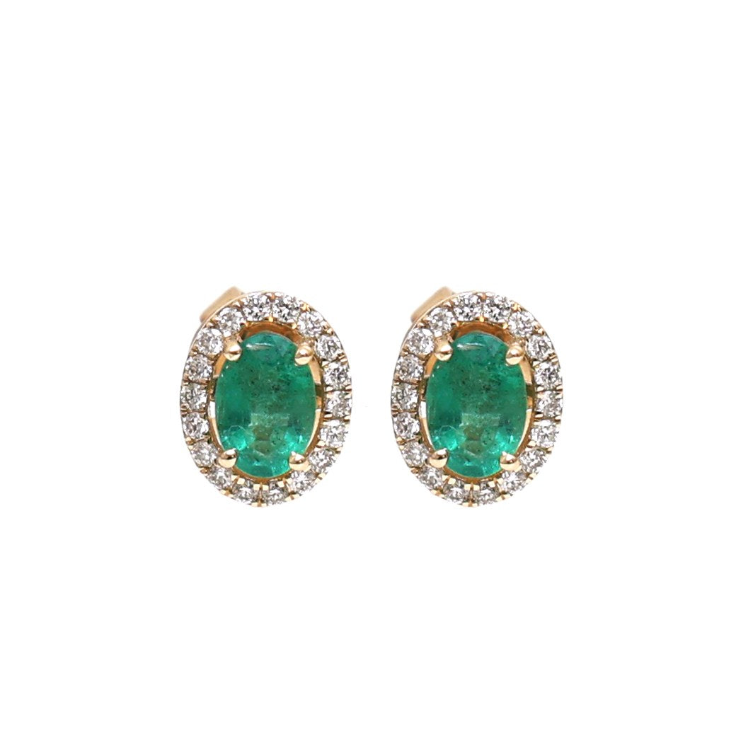 Oval 14K (18k Custom) Yellow Gold  Emerald & Natural  Diamond Halo Stud Earrings