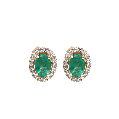 Oval 14K (18k Custom) Yellow Gold  Emerald & Natural  Diamond Halo Stud Earrings